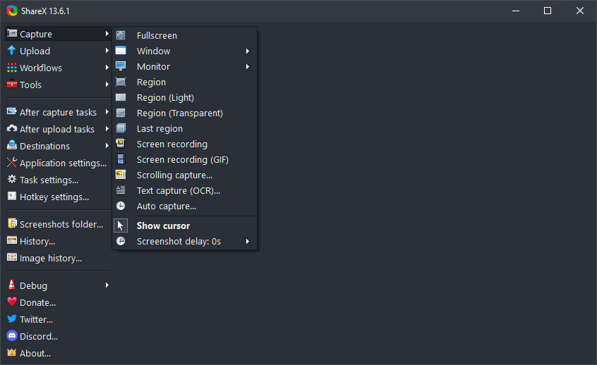 ShareX Capture submenu in the main window