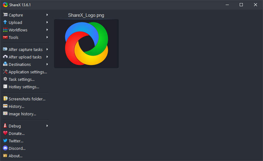 ShareX main application window showing the Windows desktop capture workflow